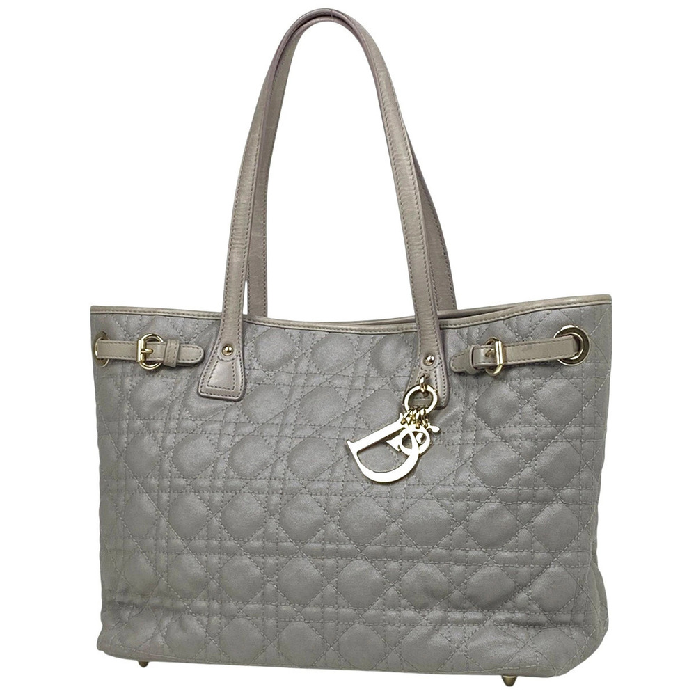 Christian Dior Panarea Tote Bag Handbag Shoulder Cannage Leather Greige Gray